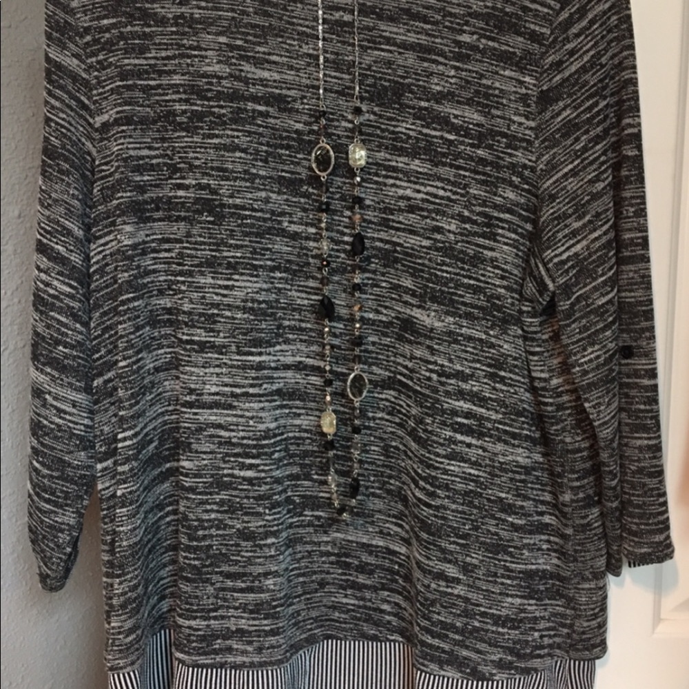 Zac&Rachel, M, dark gray and black muted design top; attached striped material